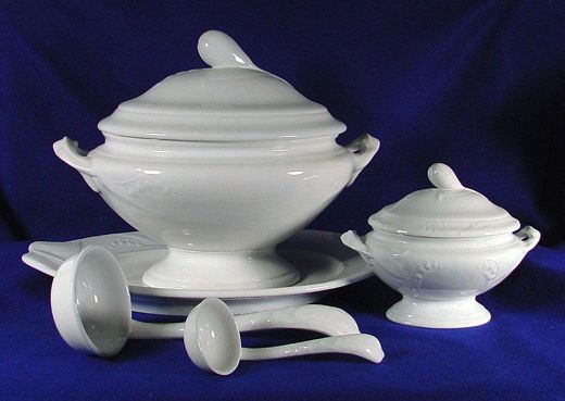 Lily of the Valley Shape -Soup and Sauce tureens and ladles. Tray for sauce is missing